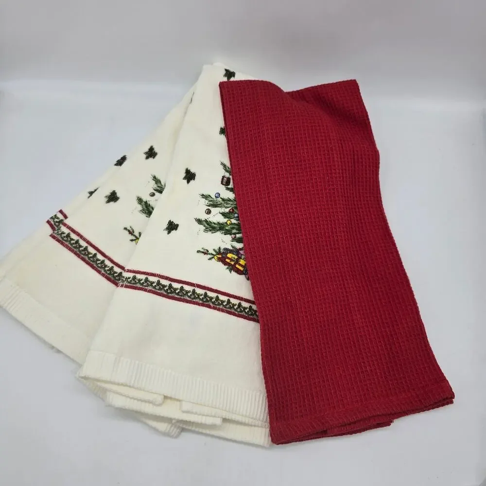 Spode 3-Piece Kitchen Towel Set Christmas Tree & Red Waffle Holiday NWT Avanti